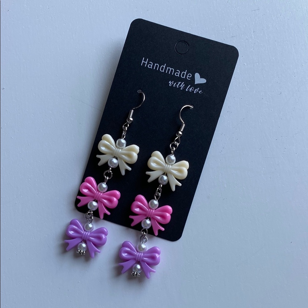 Handmade Bow Earrings - Cream, Pink, and Purple